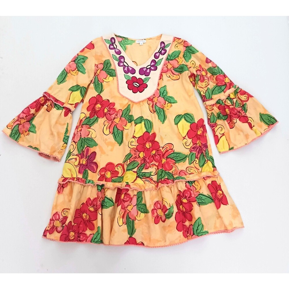 Moda Posa Bright Floral Tunic Embroidered Ruffle Hem Flared Sleeves Sz S